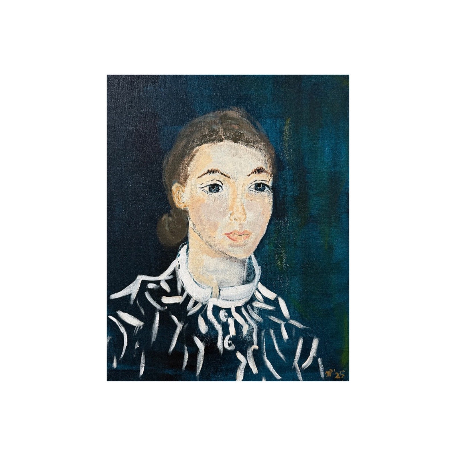 Portret schilderij in zwart wit 'L'Attention' van kunstenaar Atelier Plaisier modernekunst.nl