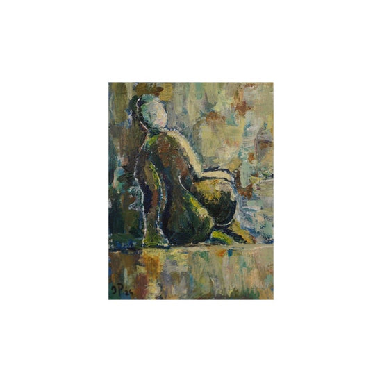 Klein abstract schilderij van een zittende dame in groen tinten van kunstenaar 'Atelier Plaisier' modernekunst.nl