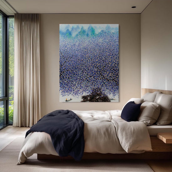 Blauw bloemen schilderij in Japanse stijl.