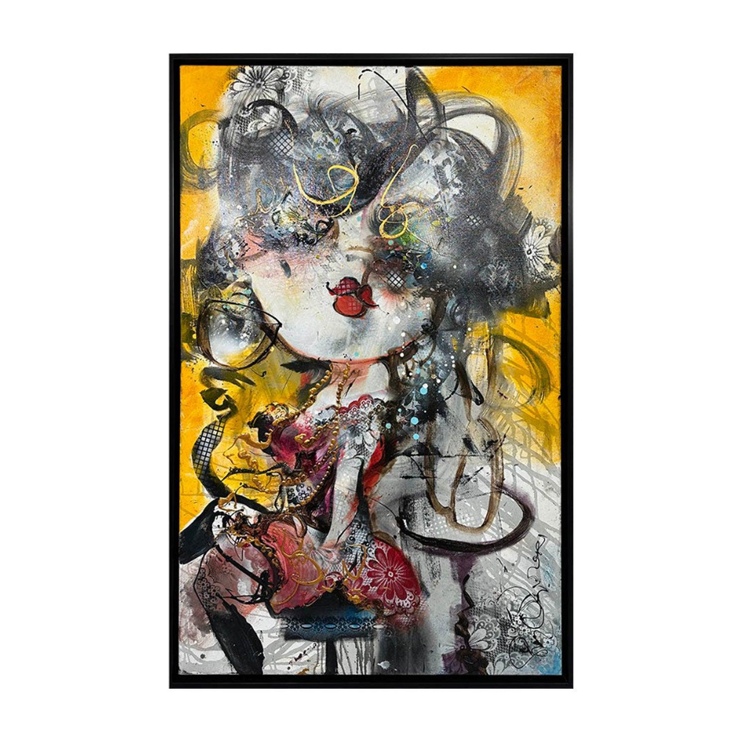 Guy Olivier 'Diva' kleurrijk schilderij van wulpse dame met wijnglas - Modernekunst.nl