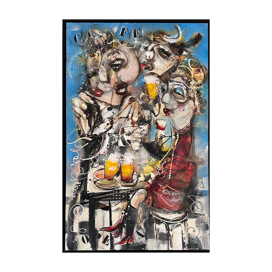 Guy Olivier 'Het Cafe' kleurrijk schilderij 3 mensen op het terras met een biertje modernekunst.nl