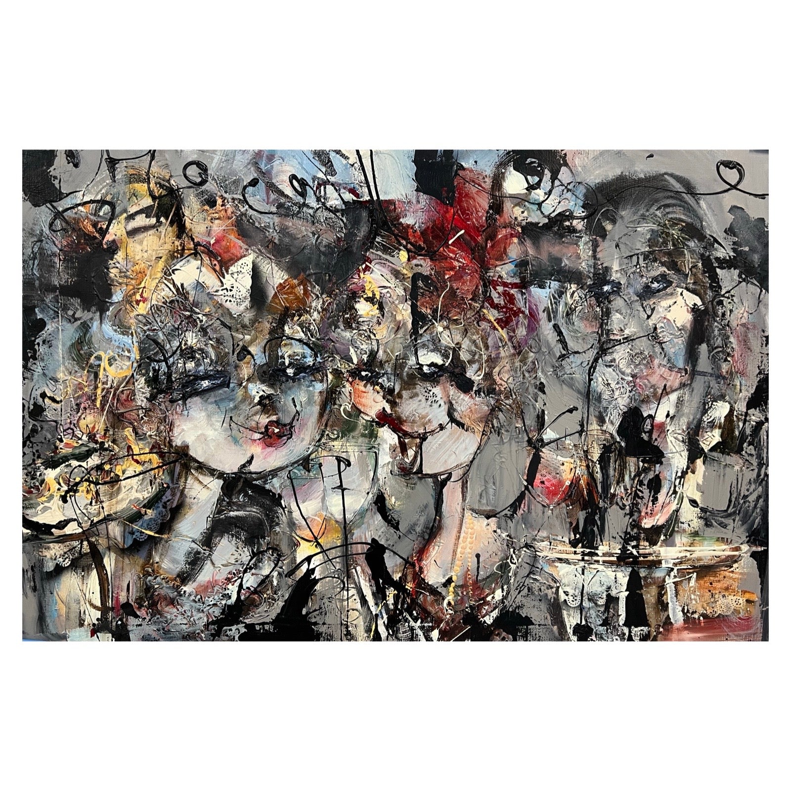 Guy Olivier schilderij 'Cafe' dames in grijze tinten modernekunst.nl