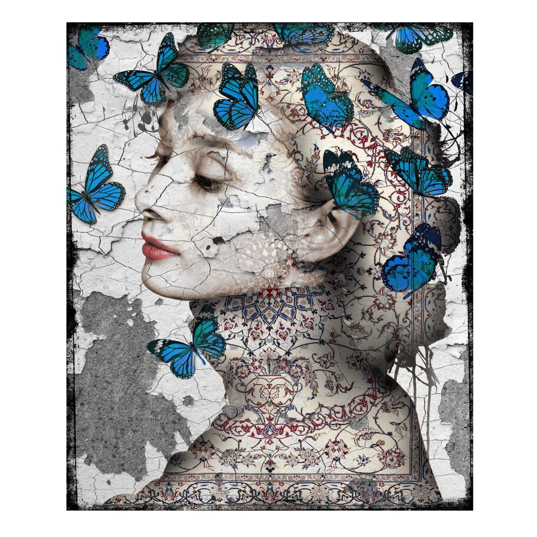 Schilderij van Audrey Hepburn in paisley print met blauwe vlinders.