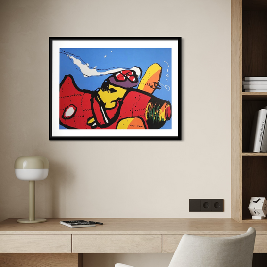 Zeefdruk van Herman Brood met de Red Baron, uitgevoerd in felle kleuren en expressieve lijnen