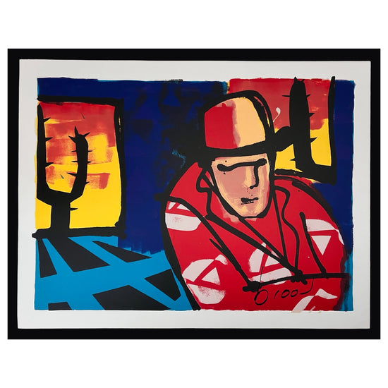 Schilderij van Herman Brood met een man in een rood pak met zeilbootjes en een cactus van moderne kunst