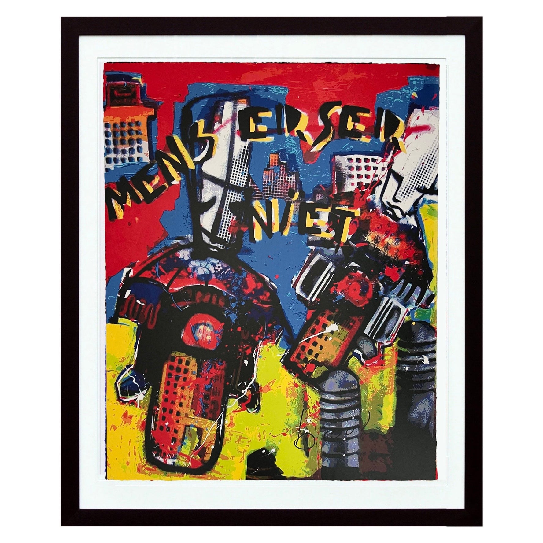 Schilderij van Herman Brood motor door stad met tekst Mens erger je niet van modernekunst