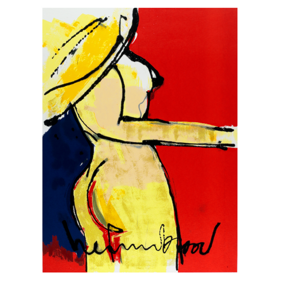 Schilderij van Herman Brood van de achterkant van een naakte vrouw in rood geel en blauw