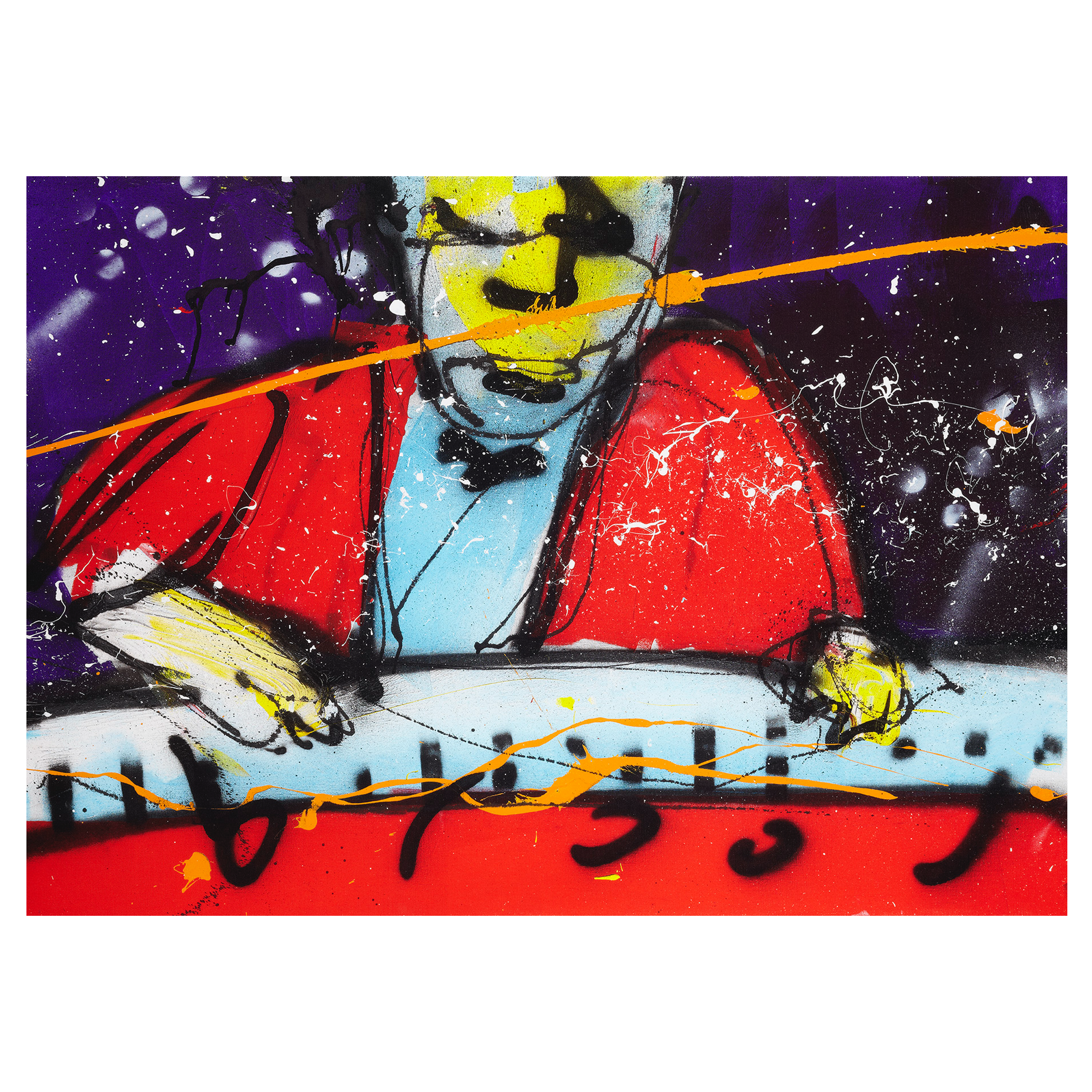 Herman Brood in een rood shirt die piano speelt geschilderd door hemzelf op een paarse achtergrond