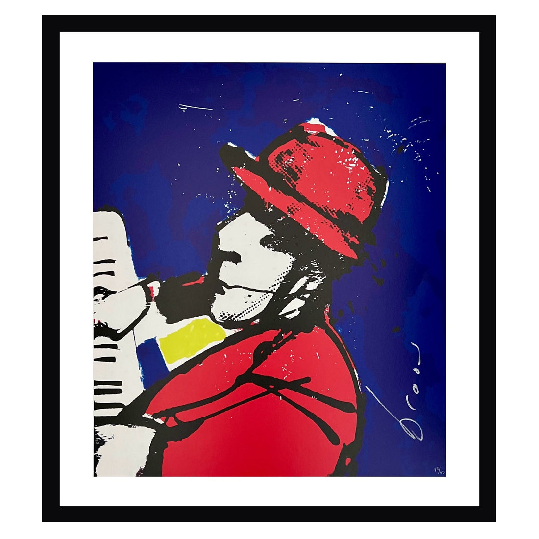 Schilderij van Herman Brood achter de piano in blauw en rood - modernekunst