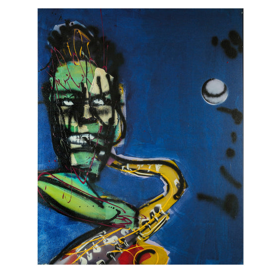 Man die saxofoon speelt geschilderd door Herman Brood op een blauwe achtergrond