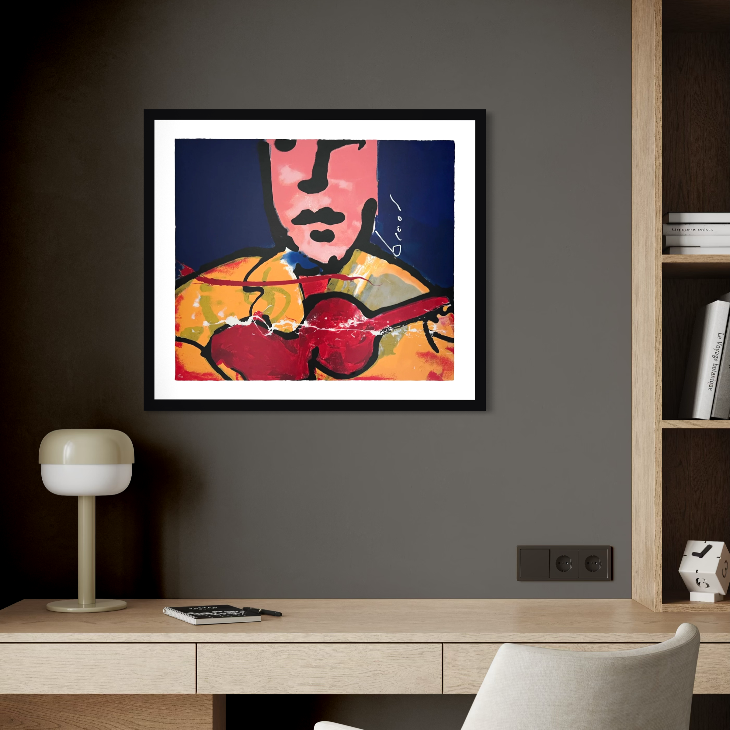 Zeefdruk van Herman Brood van de Guitarman in felle kleuren en graffiti-achtige stijl.