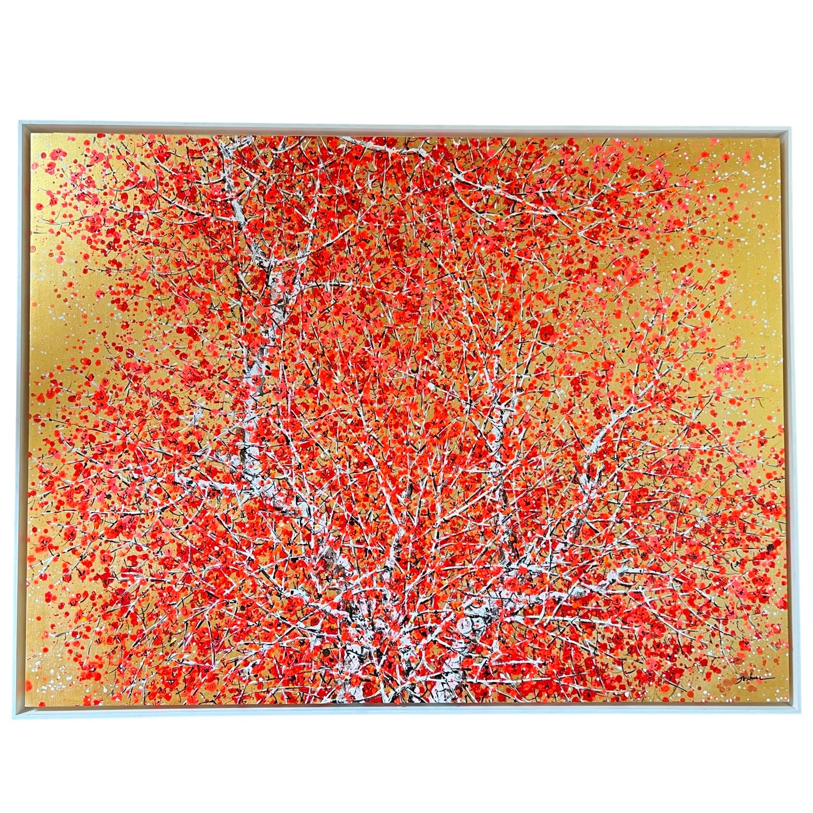 Rode bloesemboom drie dimensionaal geschilderd op een gouden achtergrond