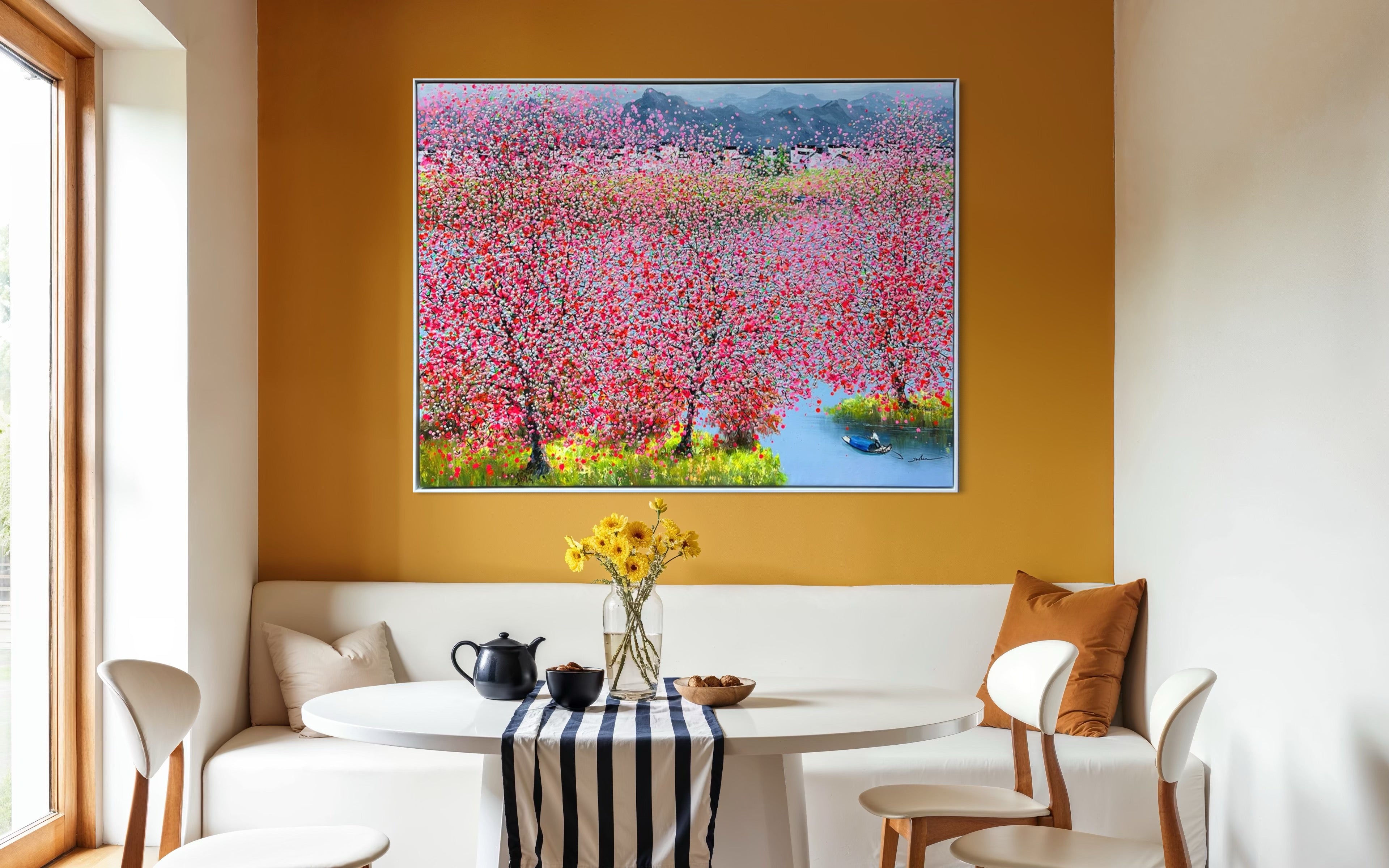 Kunst in de eetkamer, schilderij van bloemen via modernekunst.