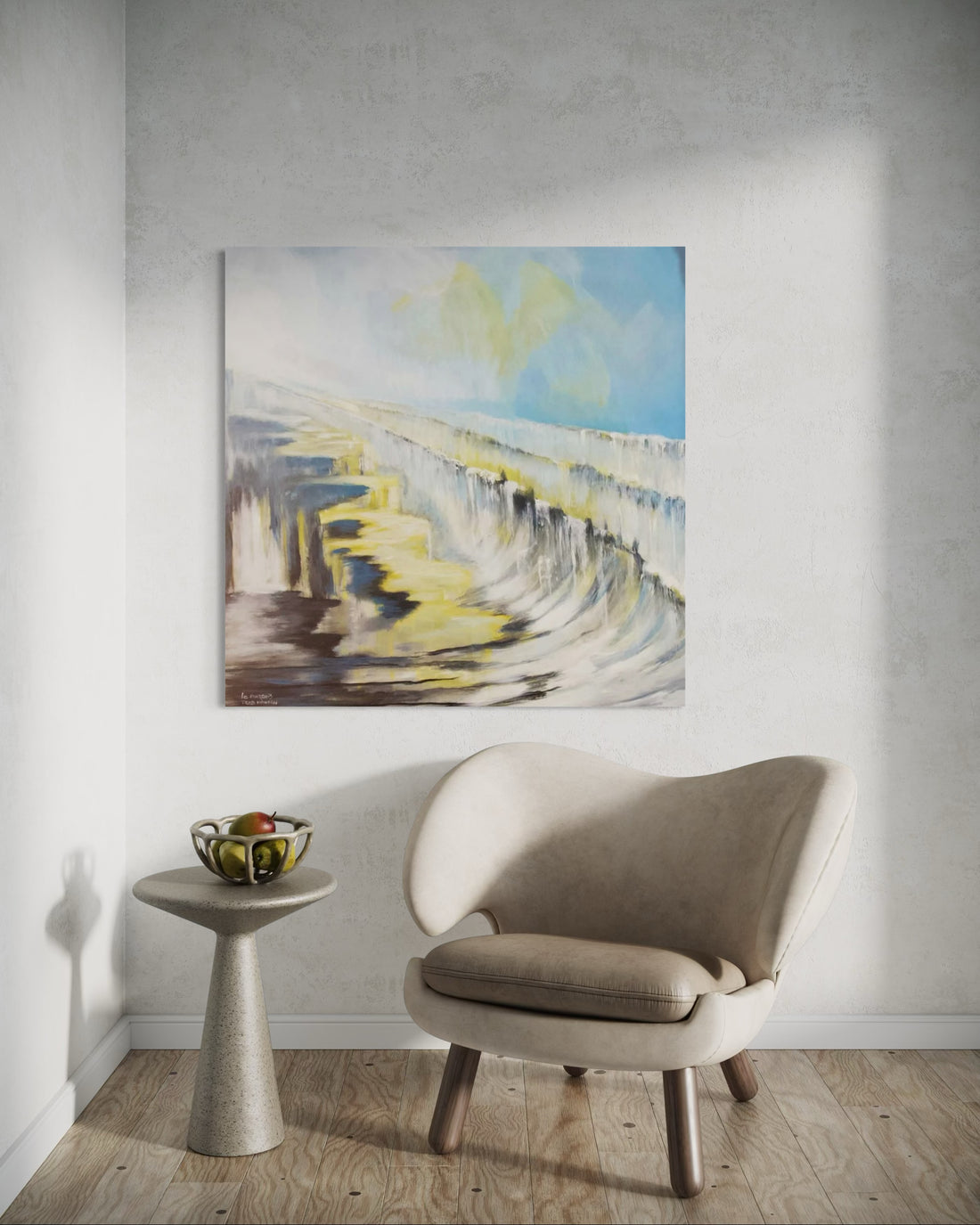 Schilderij van de zee in blauw en geel tinten geschilderd door Fred Hansen.