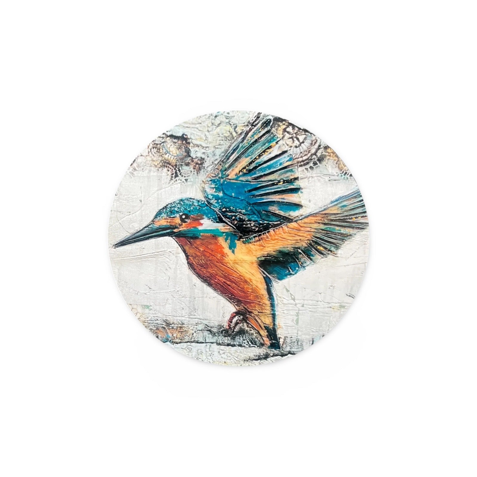 Rond kunstwerk van een ijsvogel gemaakt door Lincy Hoogveld