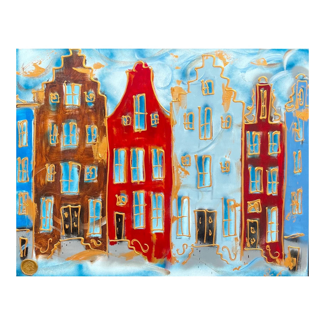 Amsterdam canal houses modern art.