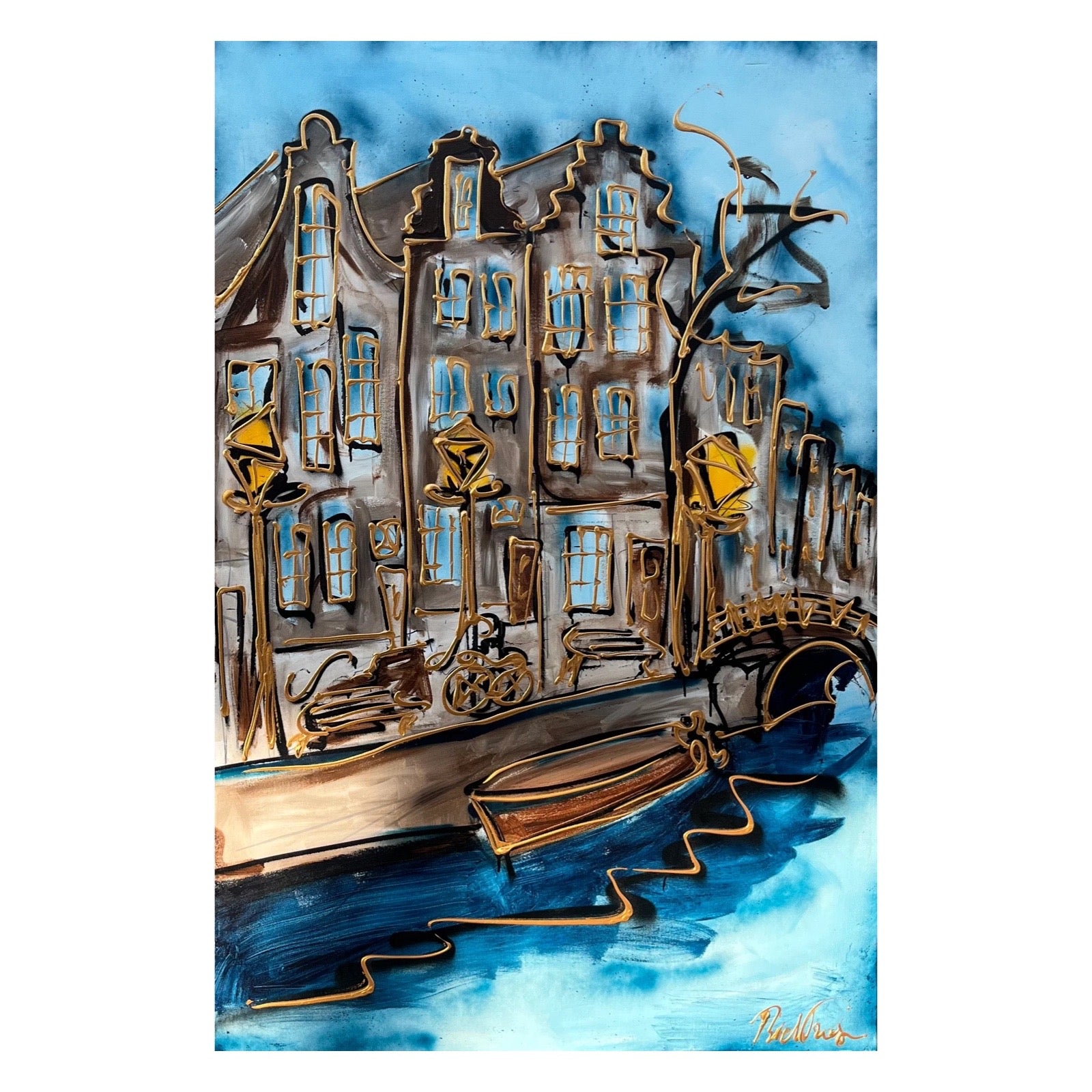 Shilderij in blauw van de Amsterdamse grachten met boot via moderne kunst.