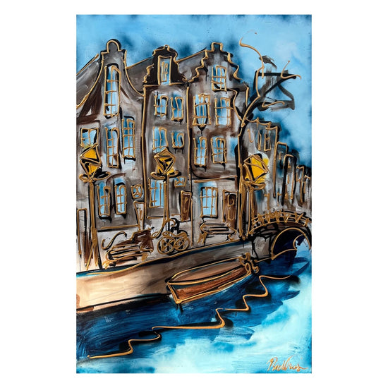 Shilderij in blauw van de Amsterdamse grachten met boot via moderne kunst.