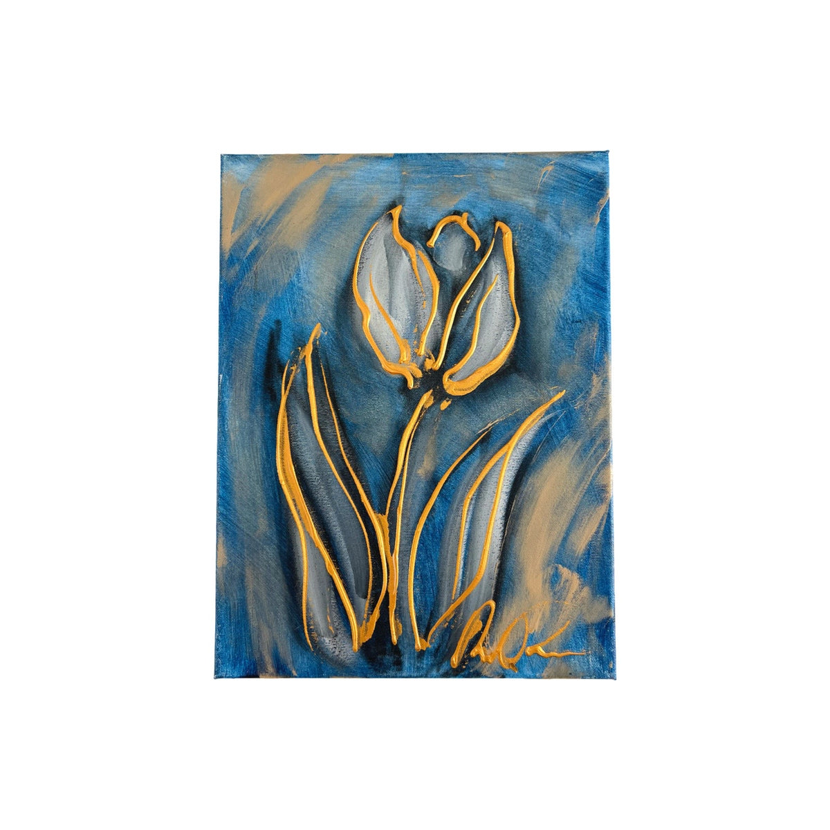 Rick Triest 'Tulp' klein tulpen schilderij in blauw en goud