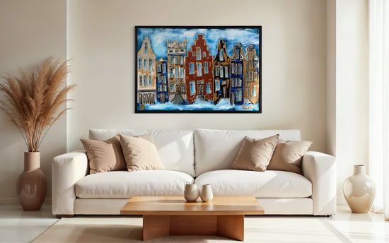 Schilderij van Amsterdamse grachtenpanden