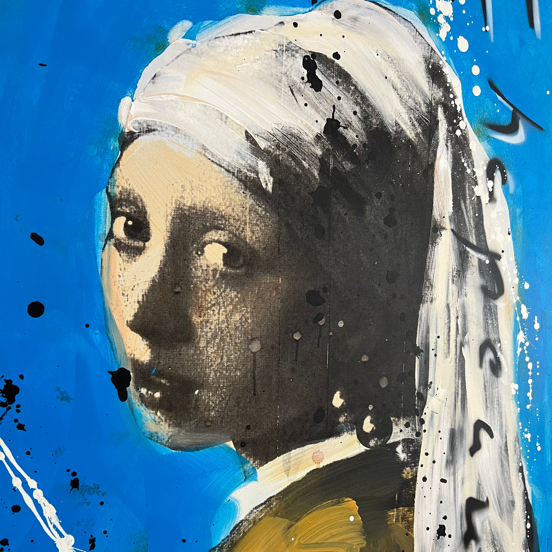Close up van Ronald chapeau's meisje met de parel schilderij