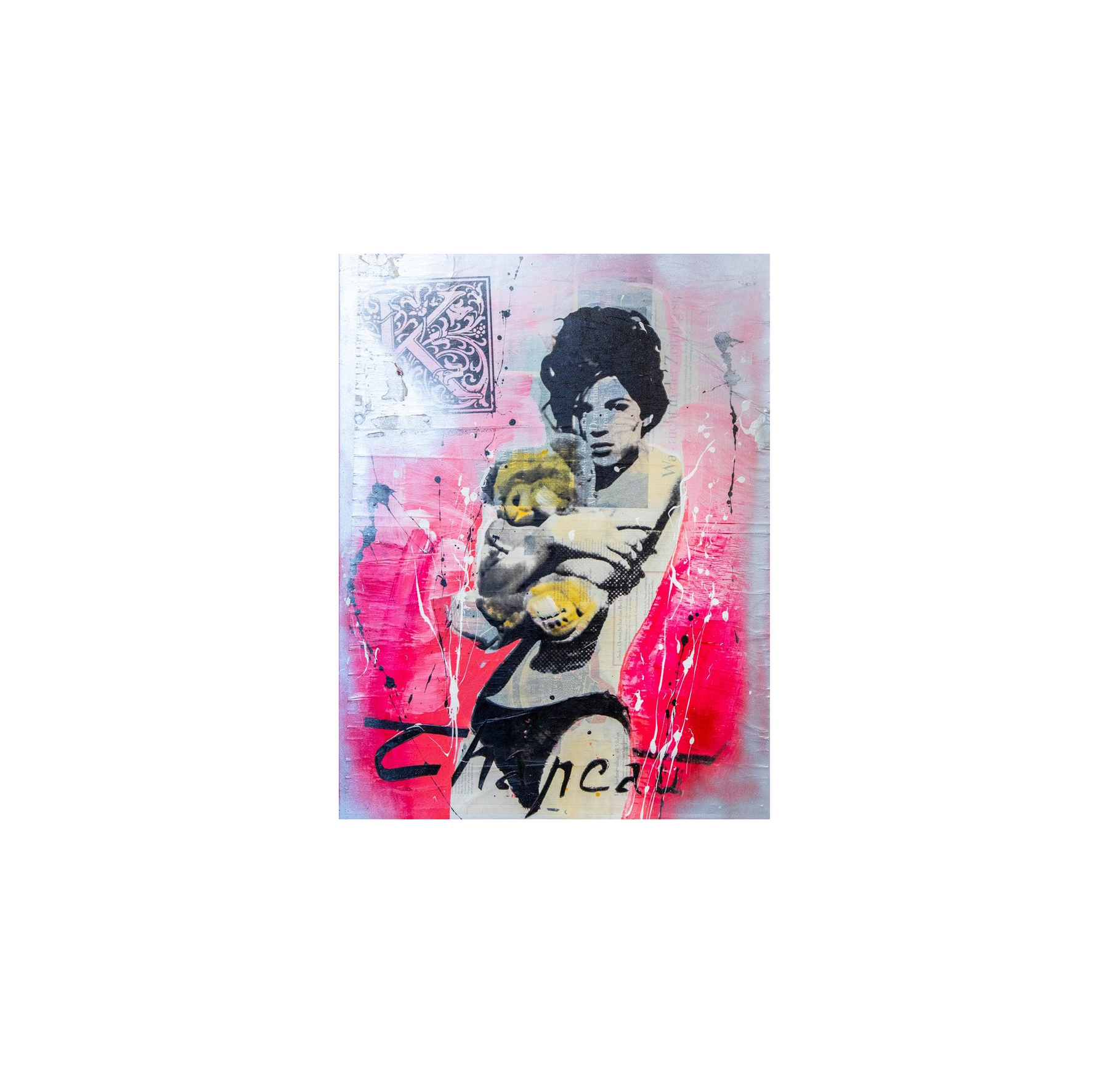 Ronald Chapeau 'Bear' klein pop-art schilderij in roze