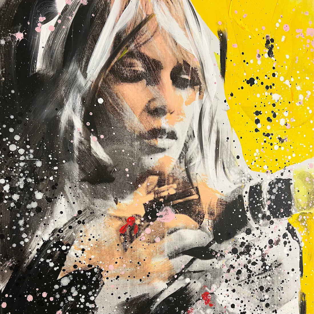 Close up van Ronald Chapeau schilderij Brigitte Bardot Camera Geel