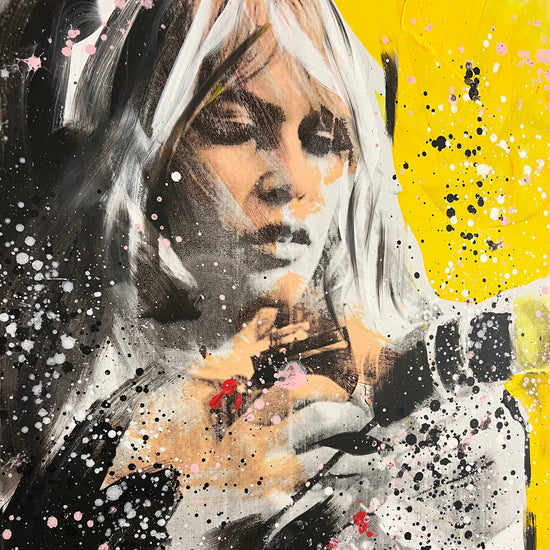 Close up van Ronald Chapeau schilderij Brigitte Bardot Camera Geel