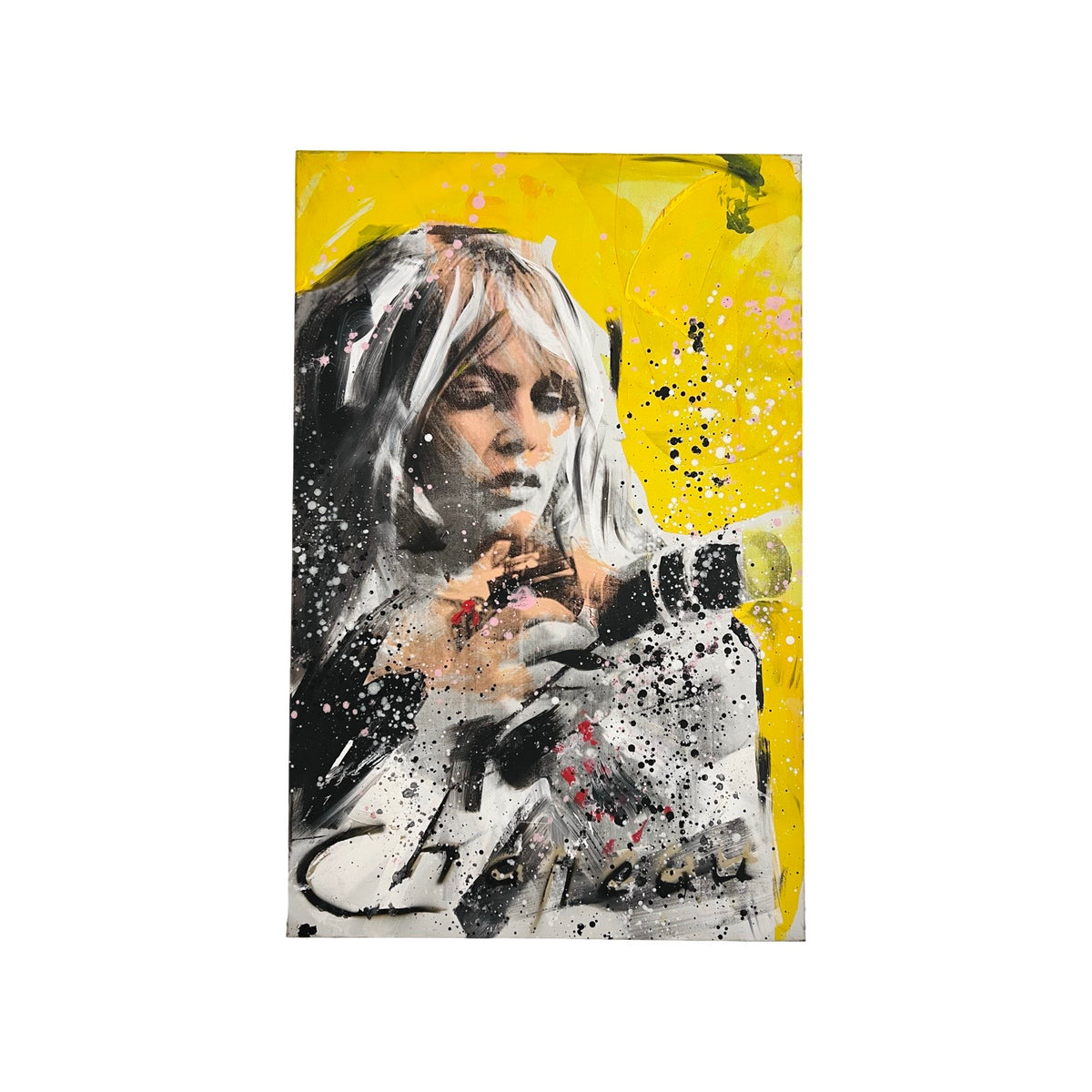 Ronald Chapeau 'Brigitte Bardot Camera Geel' schilderij is een zeefdruk op linnen