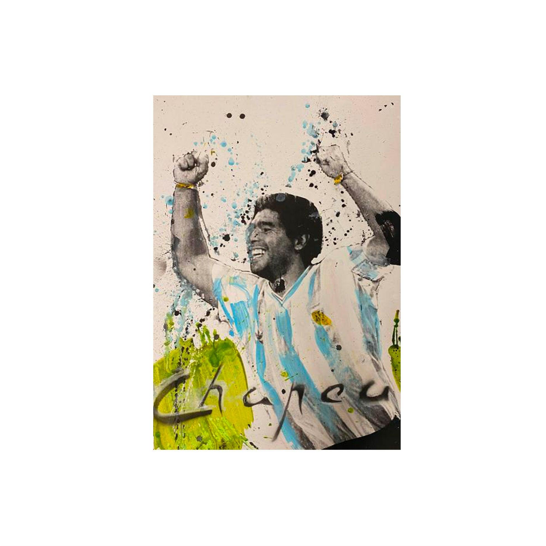 Ronald Chapeau mixed media op dibond van Diego Maradona juichend in Argentijns elftal shirt