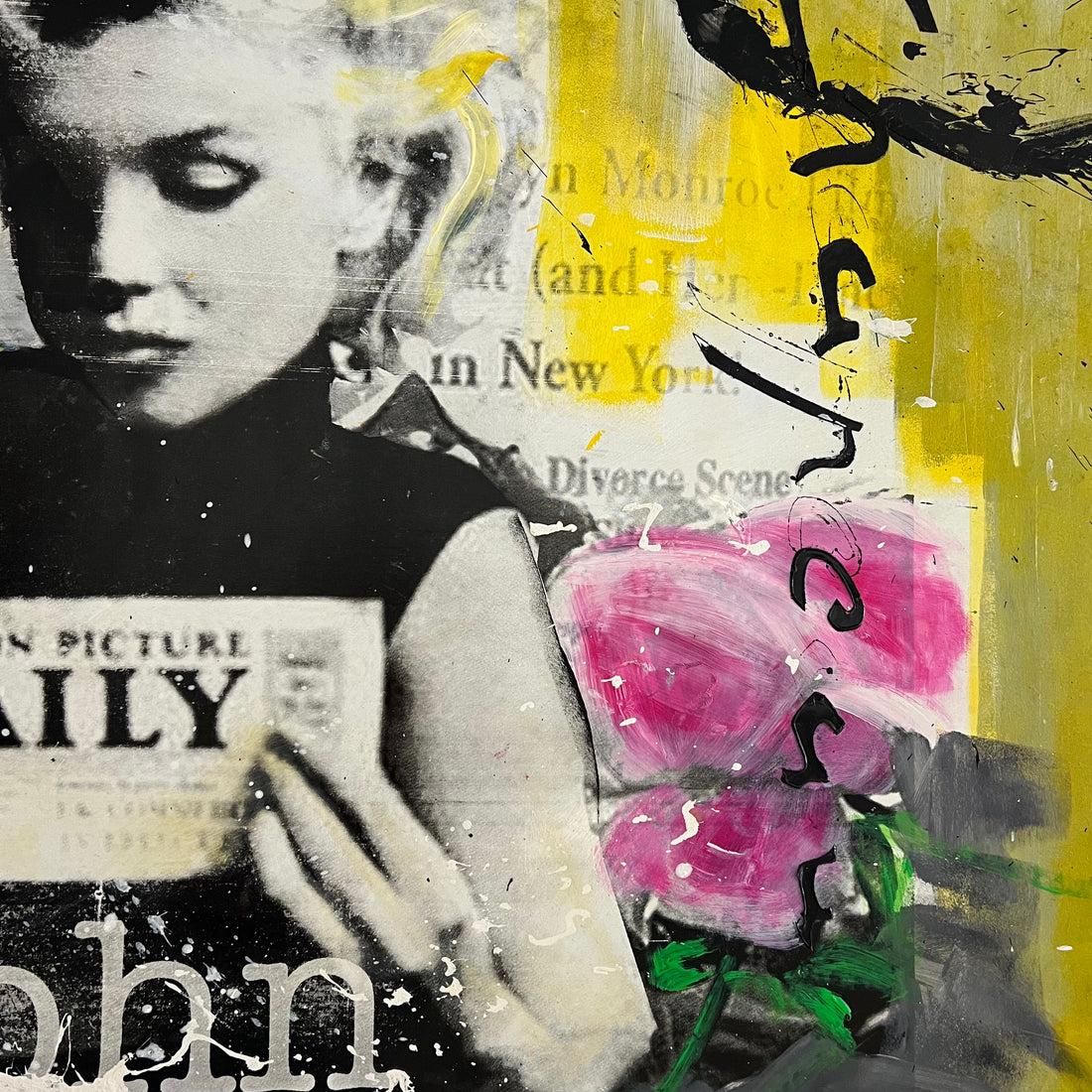 Close up van Ronald Chapeau schilderij Marilyn Monroe met krant Daily 