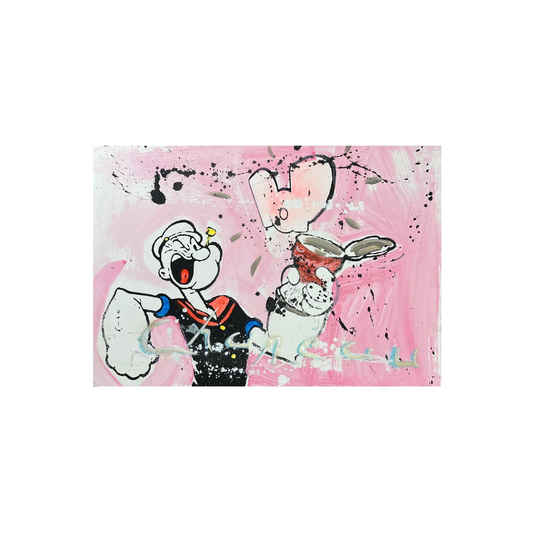 Ronald Chapeau pop-art schilderij Popeye voor een roze achtergrond