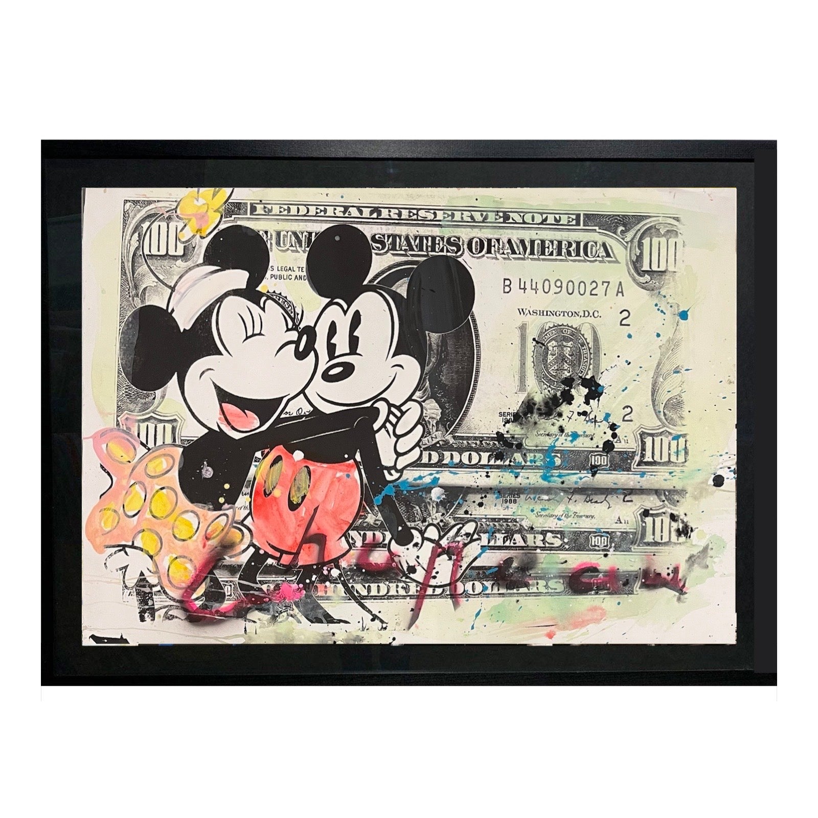 Ronald Chapeau zeefdruk van Mickey en Minnie Mouse op dollar biljetten
