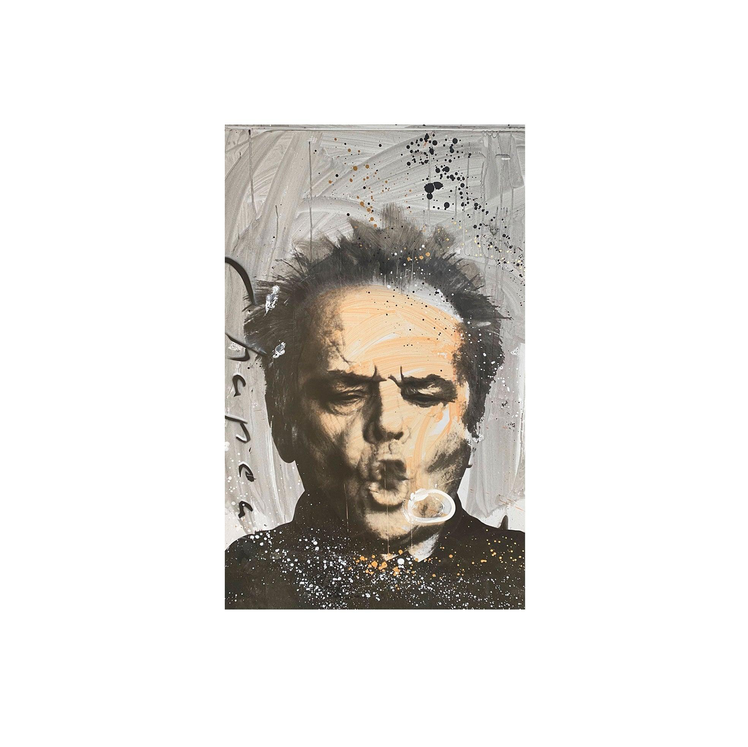 Ronald Chapeau schilderij 'Jack Nicholson V' mixed media op linnen in grijs tinten