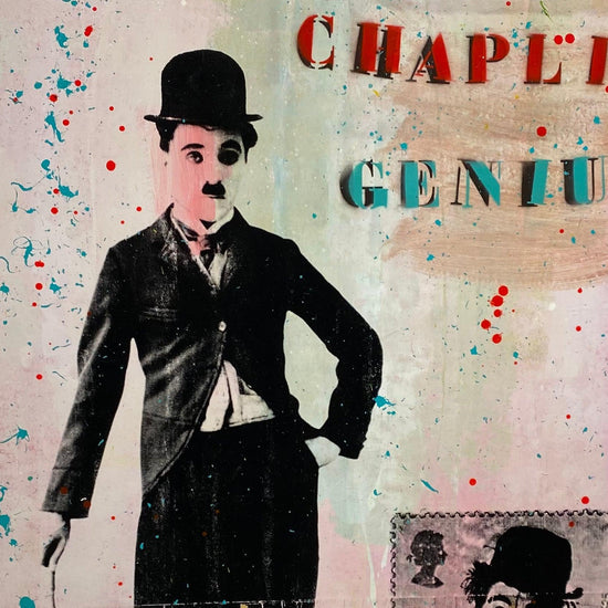 Close up van Charlie Chaplin Genius schilderij van Ronald Chapeau