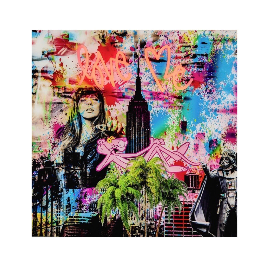 Van Apple Art 'Love Me' pop-art schilderij van New York met Pink Panther en neon verlichting