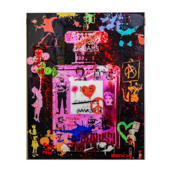 Van Apple Pop Art schilderij Chanel No5 parfum fles in Banksy Stijl
