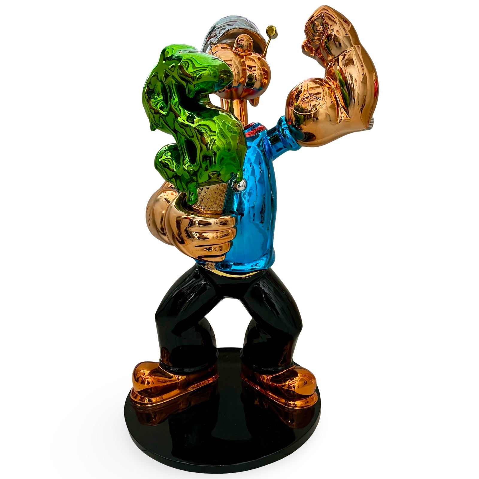 Gouden beeld van Popeye met blauw shirt en groen dollar ijsje op ronde zwarte voet