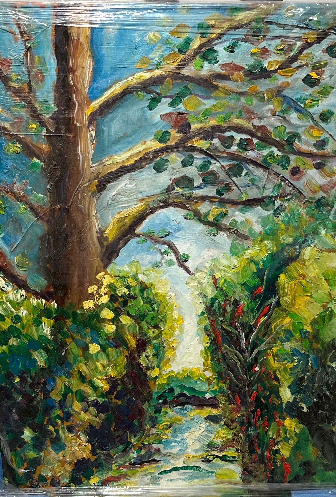 Schilderij Groen licht (5-delig) - opkomende zon tussen het boslandschap- Bos Schilderij Groen licht (5-delig) - opkomende zon tussen het boslandschap- Bos