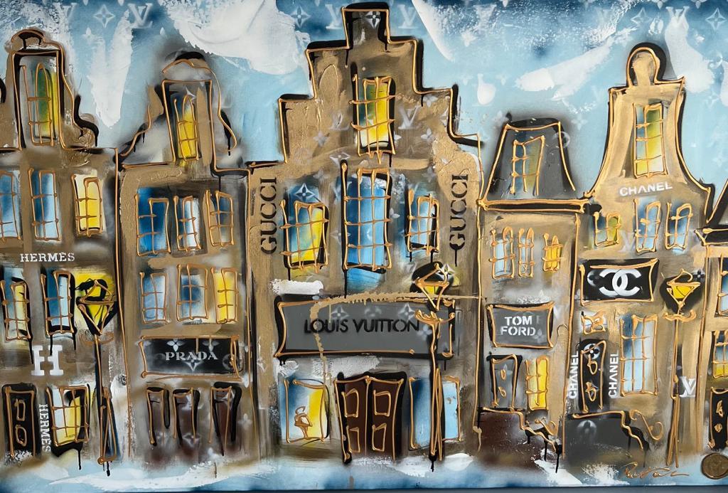 Grachtenpanden schilderij in luxe hotel chique stijl van kunstenaar Rick Triest
