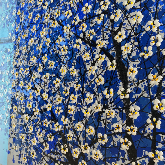 Detail van bloesem schilderij Shine Blue van Je Shen